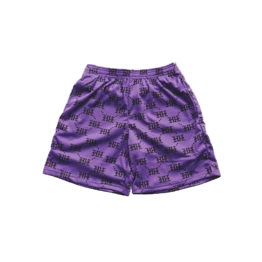 Purple mesh shorts with a geometric pattern.
